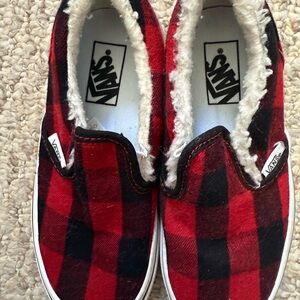 Vans Red and Black Checkered Slip-Ons